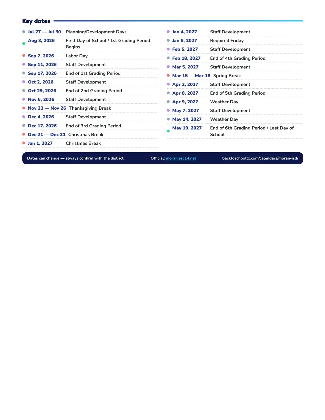 Moran ISD Calendar for the Year 26-27 — key dates