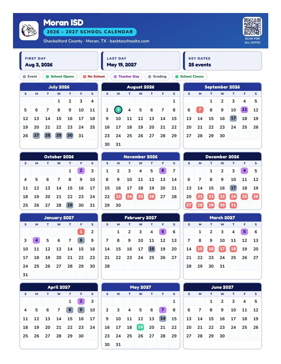Moran ISD Calendar for the Year 26-27