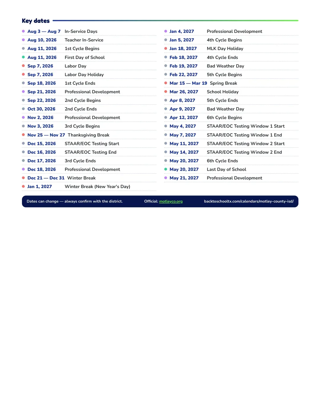 Motley County ISD Calendar for the Year 26-27 — key dates