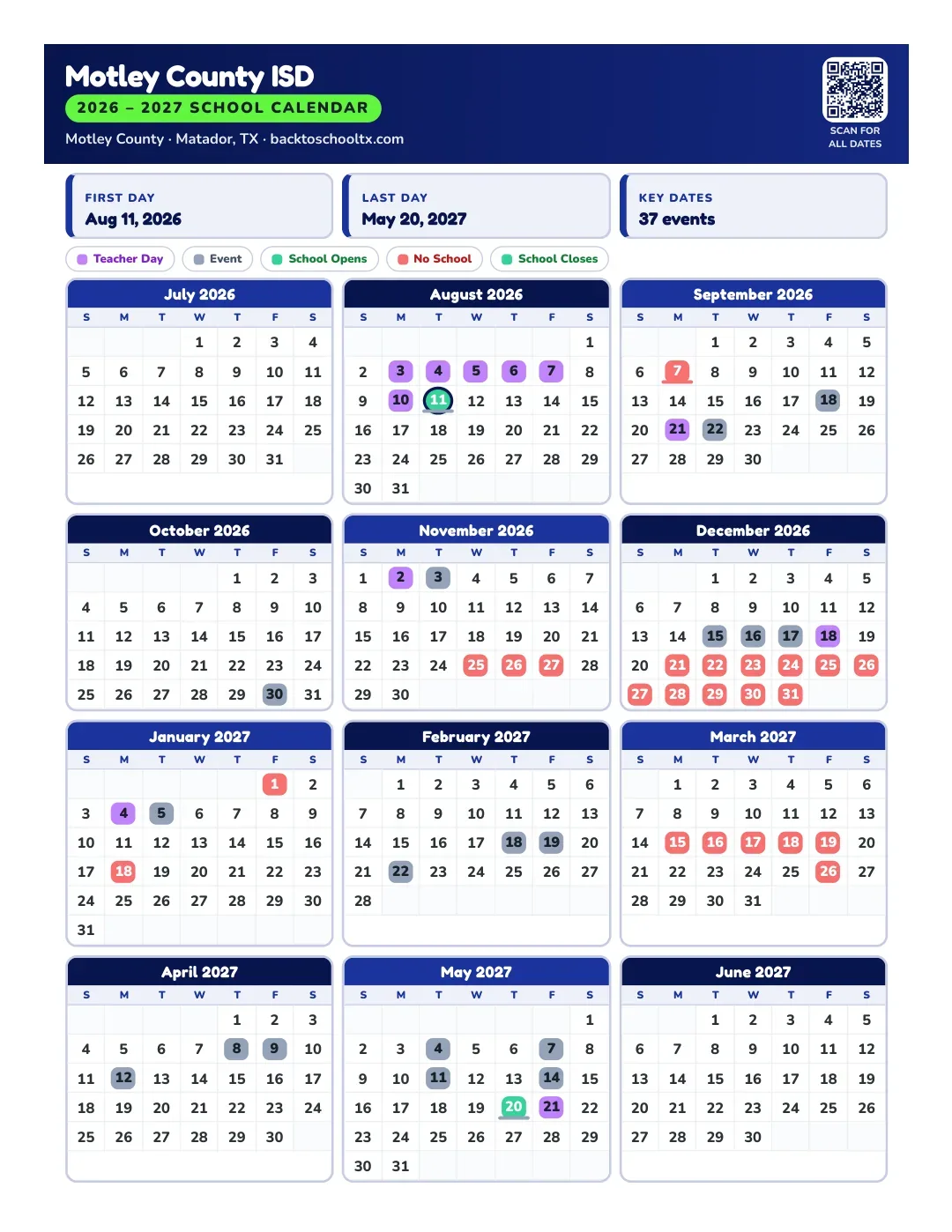 Motley County ISD Calendar for the Year 26-27
