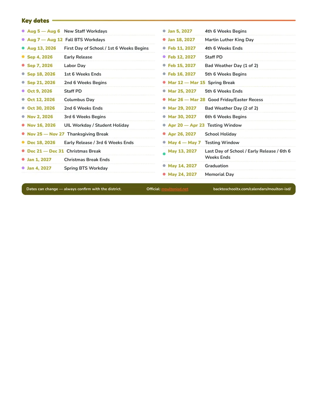 Moulton ISD Calendar for the Year 26-27 — key dates
