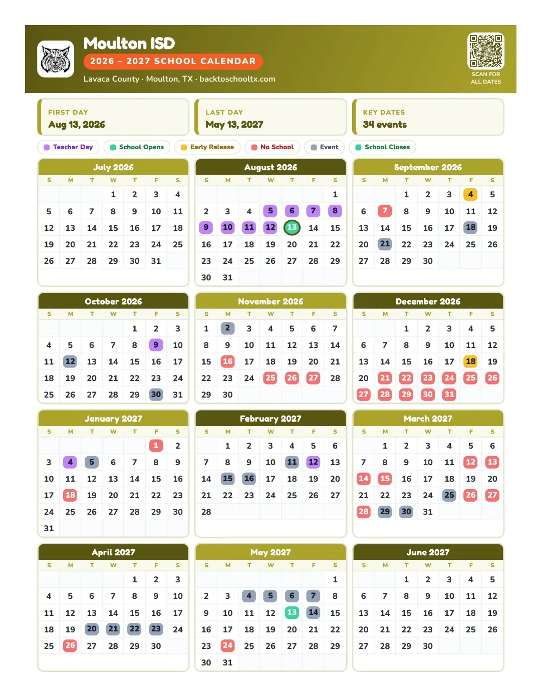 Moulton ISD Calendar for the Year 26-27