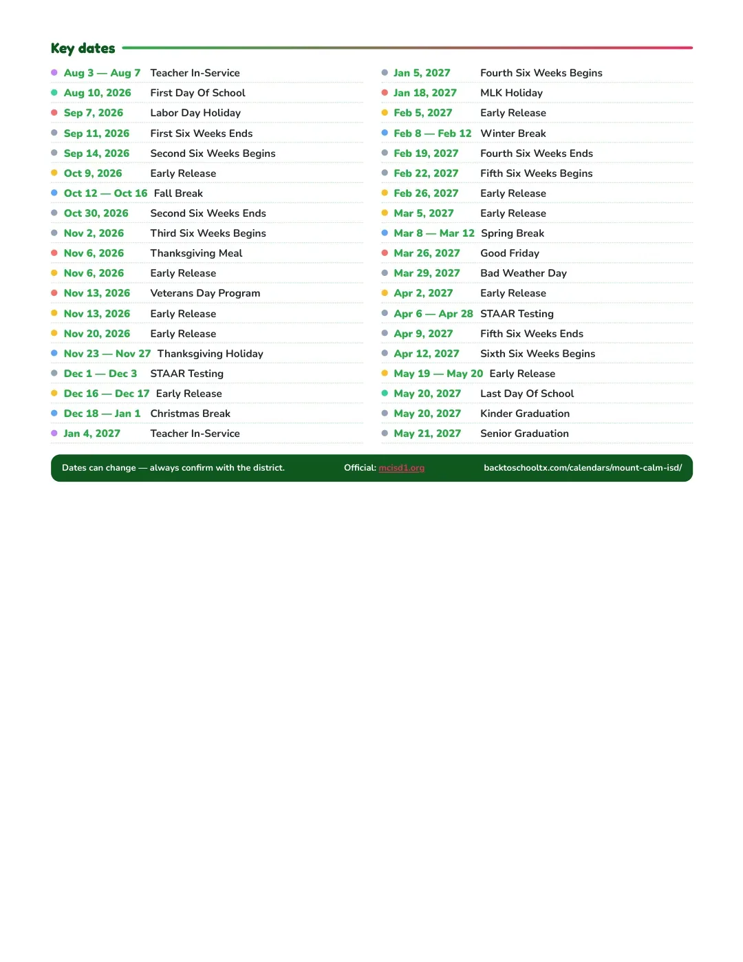 Mount Calm ISD Calendar for the Year 26-27 — key dates