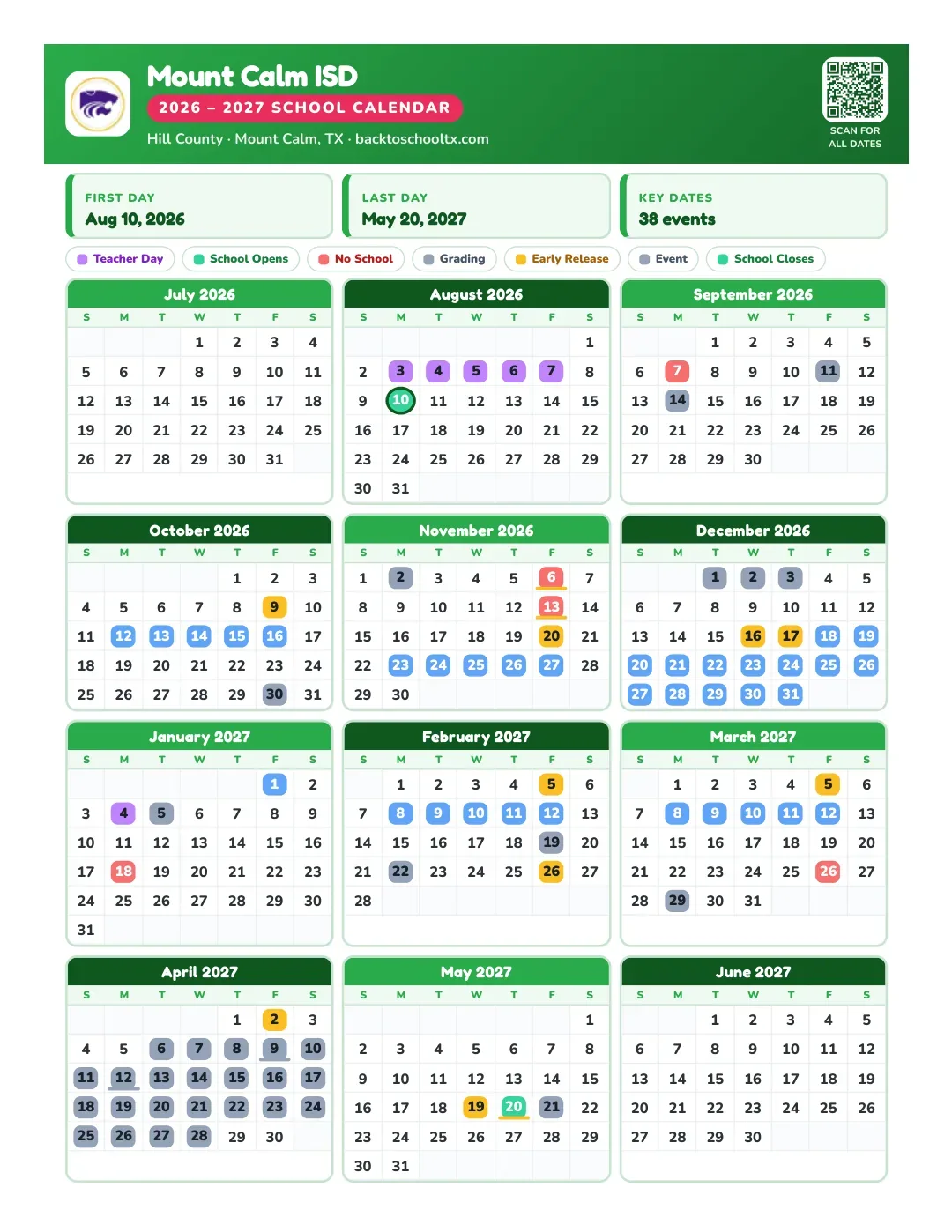 Mount Calm ISD Calendar for the Year 26-27