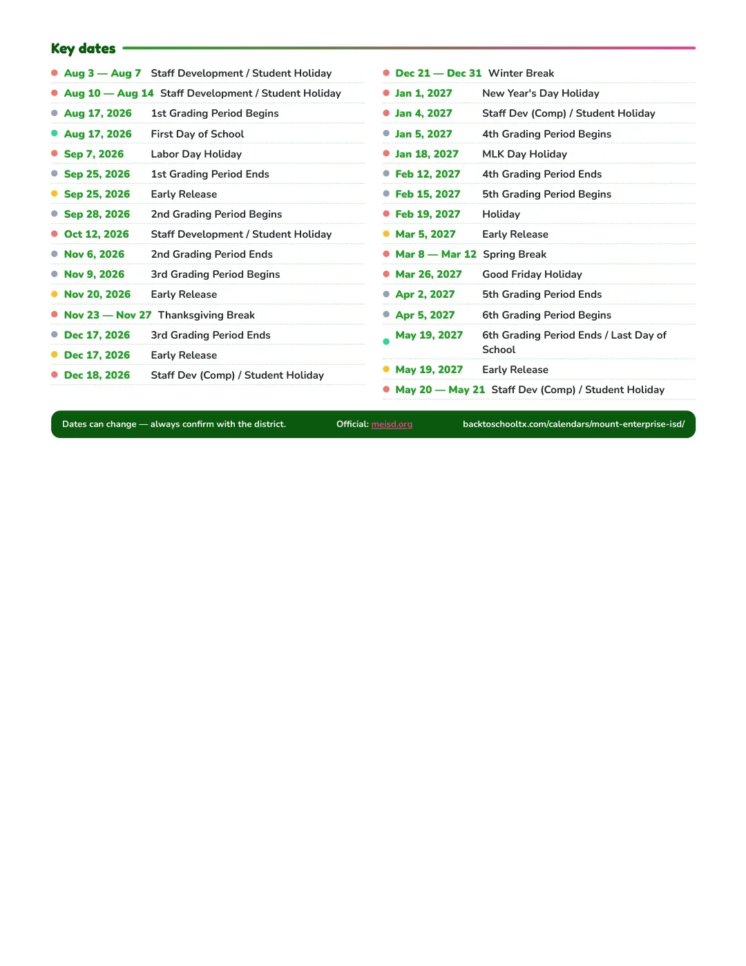 Mount Enterprise ISD Calendar for the Year 26-27 — key dates