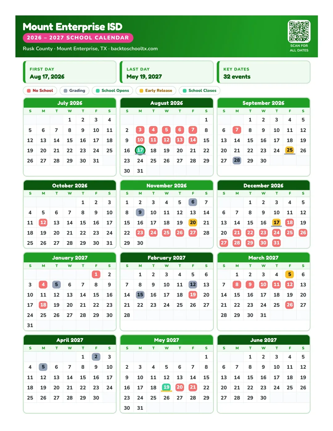 Mount Enterprise ISD Calendar for the Year 26-27