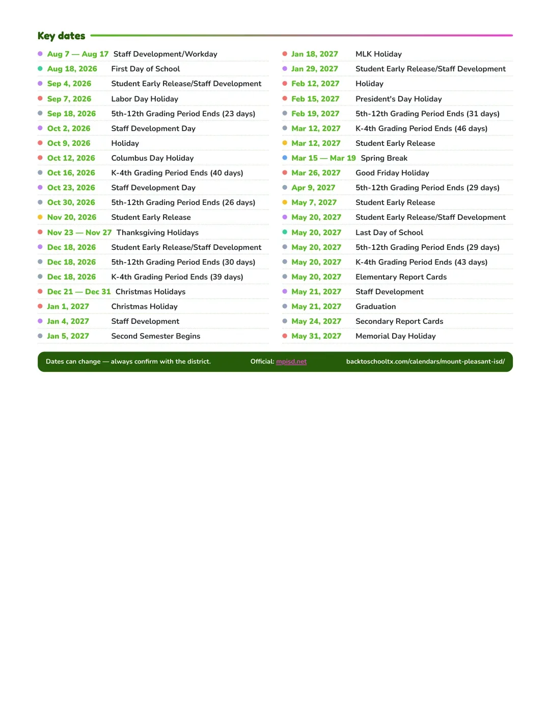 Mount Pleasant ISD Calendar for the Year 26-27 — key dates