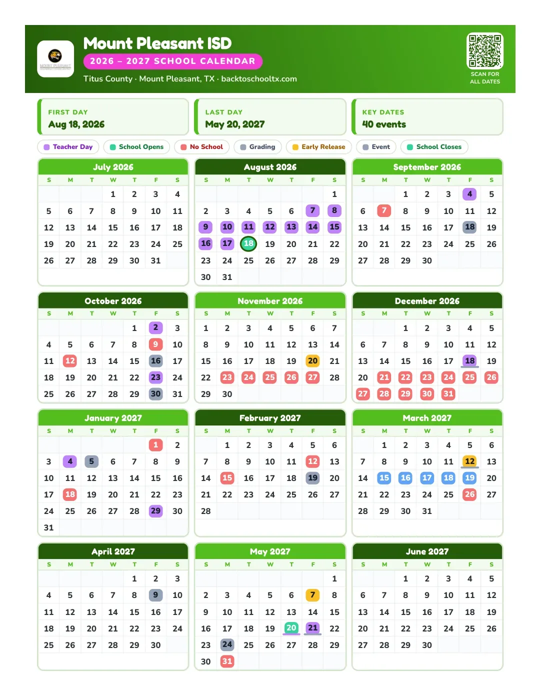 Mount Pleasant ISD Calendar for the Year 26-27