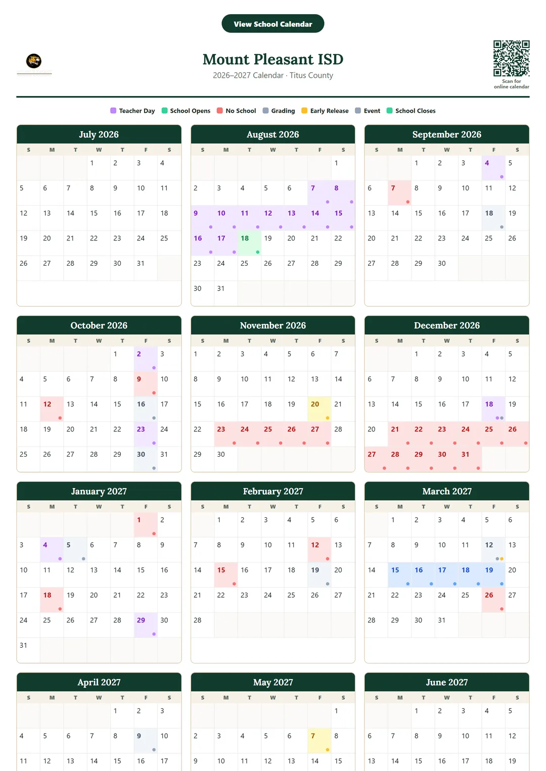 Mount Pleasant ISD printable 2026–2027 calendar