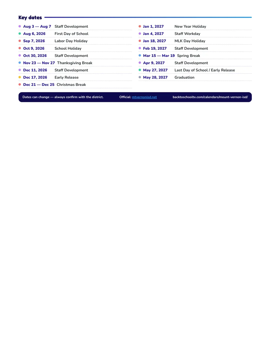 Mount Vernon ISD Calendar for the Year 26-27 — key dates