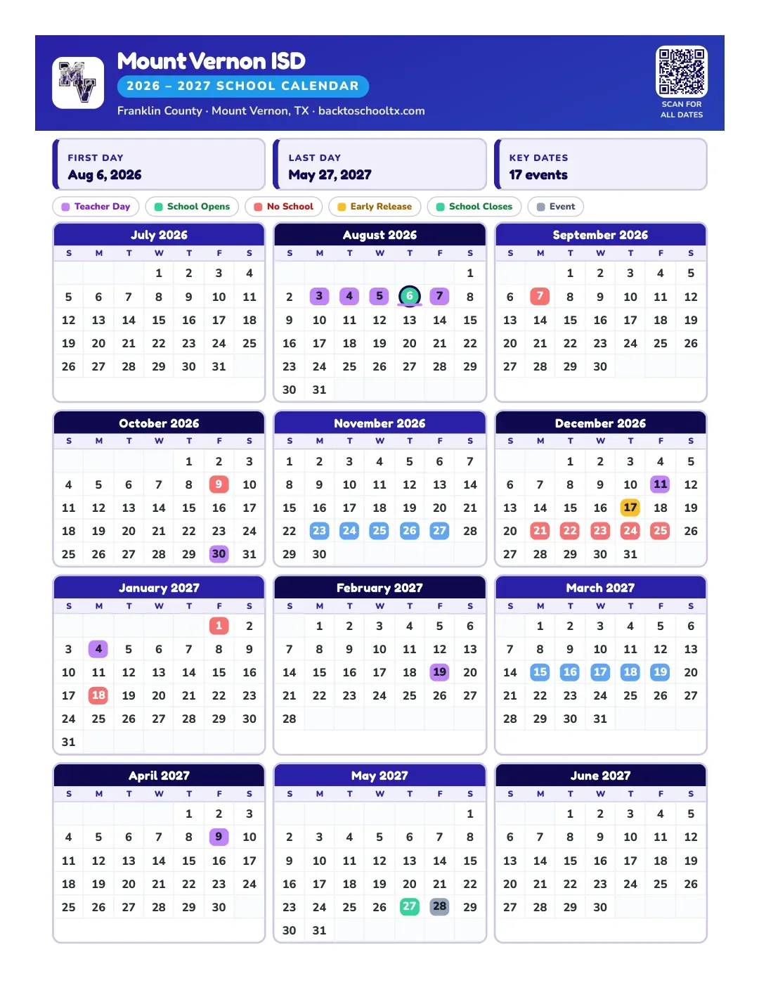 Mount Vernon ISD Calendar for the Year 26-27