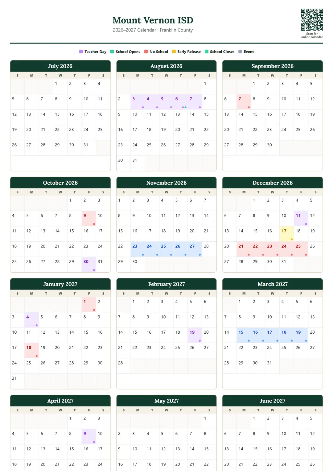 Mount Vernon ISD printable 2026–2027 calendar