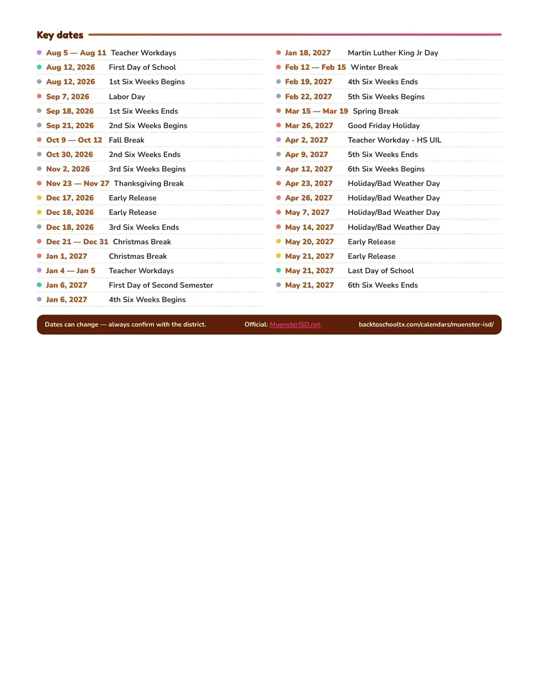 Muenster ISD Calendar for the Year 26-27 — key dates