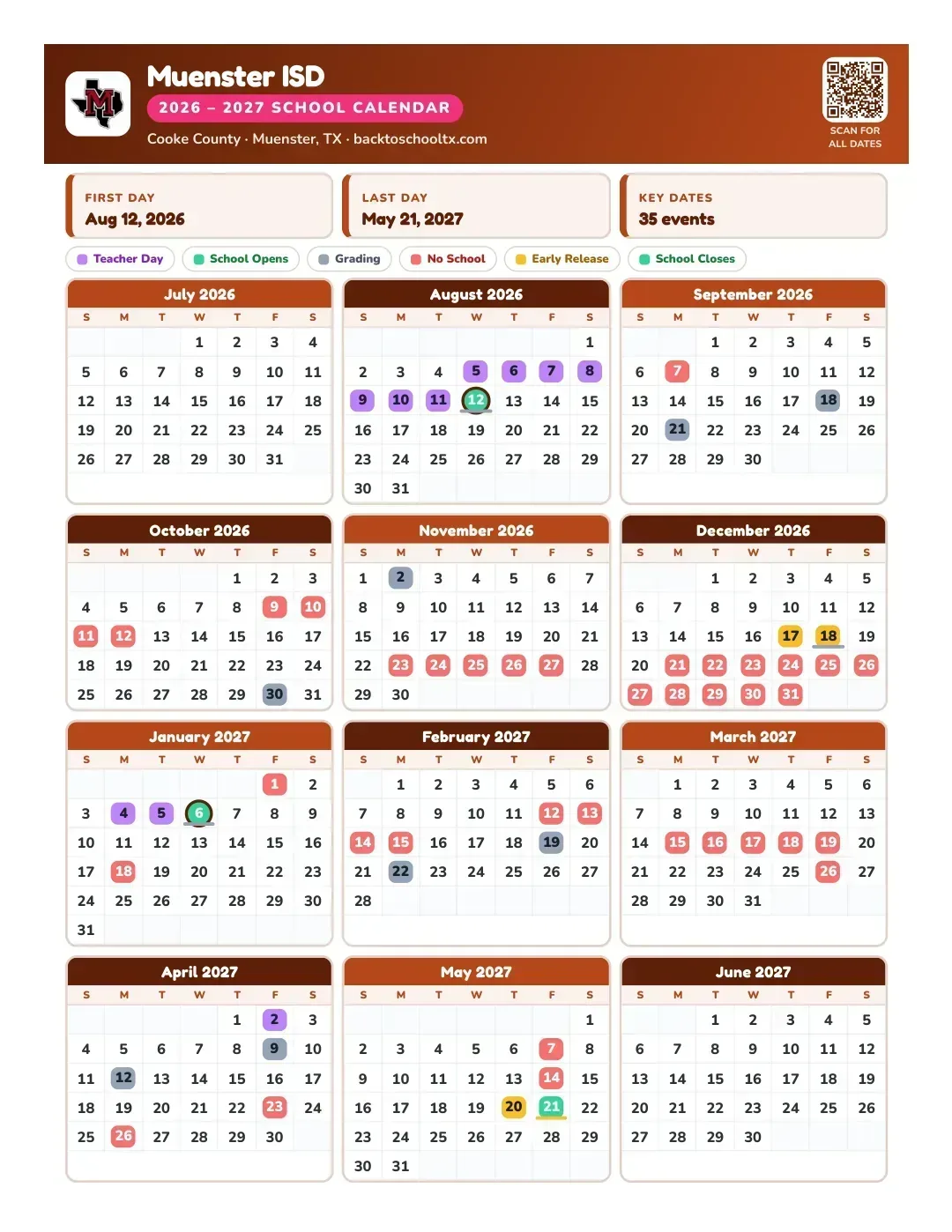 Muenster ISD Calendar for the Year 26-27