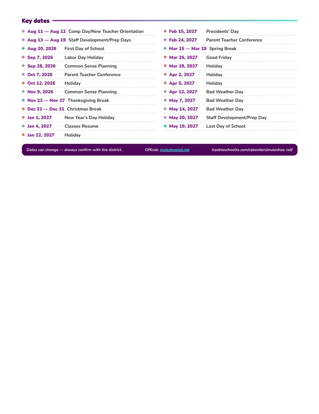 Muleshoe ISD Calendar for the Year 26-27 — key dates