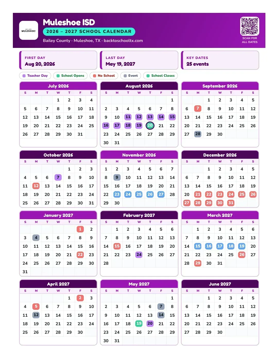 Muleshoe ISD Calendar for the Year 26-27