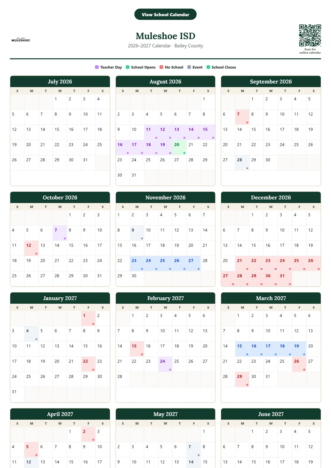Muleshoe ISD printable 2026–2027 calendar