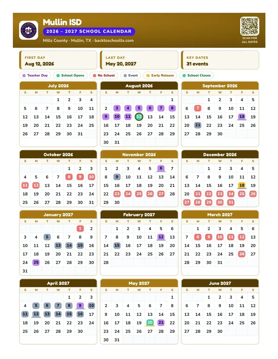 Mullin ISD Calendar for the Year 26-27