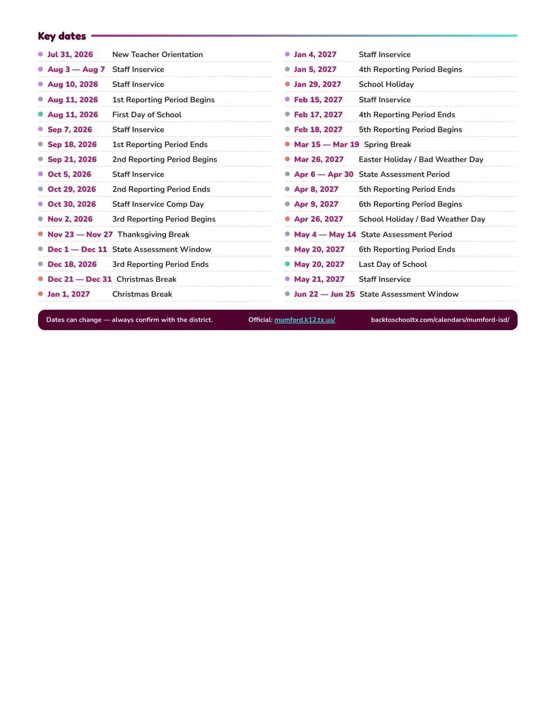 Mumford ISD Calendar for the Year 26-27 — key dates