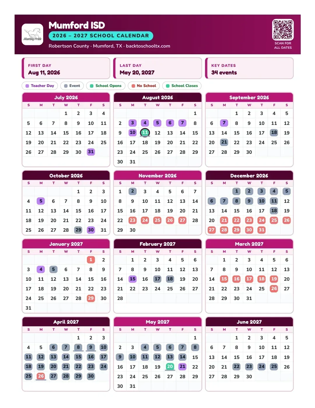 Mumford ISD Calendar for the Year 26-27