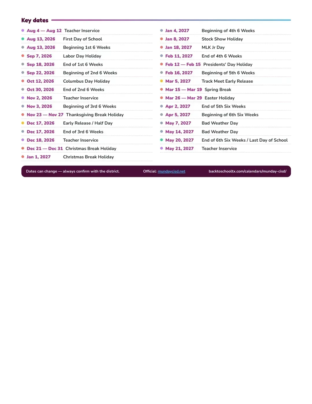 Munday CISD Calendar for the Year 26-27 — key dates