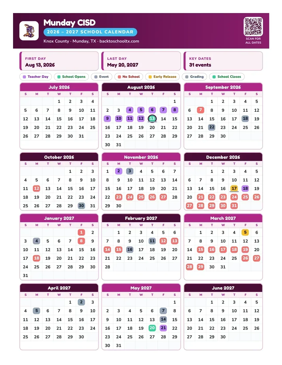 Munday CISD Calendar for the Year 26-27
