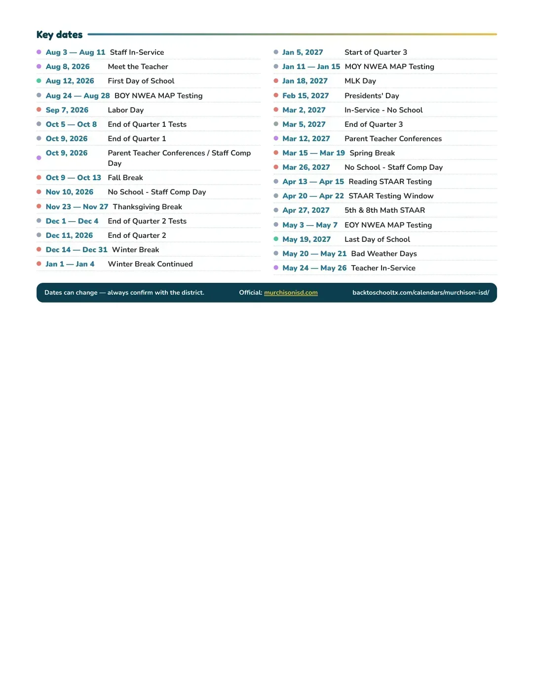 Murchison ISD Calendar for the Year 26-27 — key dates