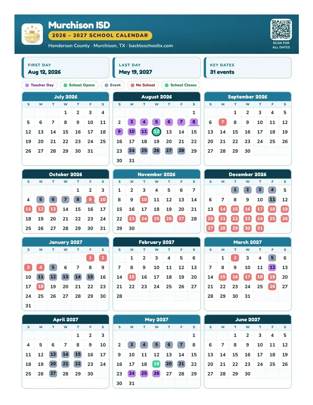 Murchison ISD Calendar for the Year 26-27