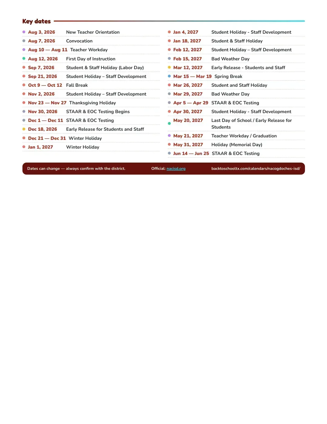 Nacogdoches ISD Calendar for the Year 26-27 — key dates