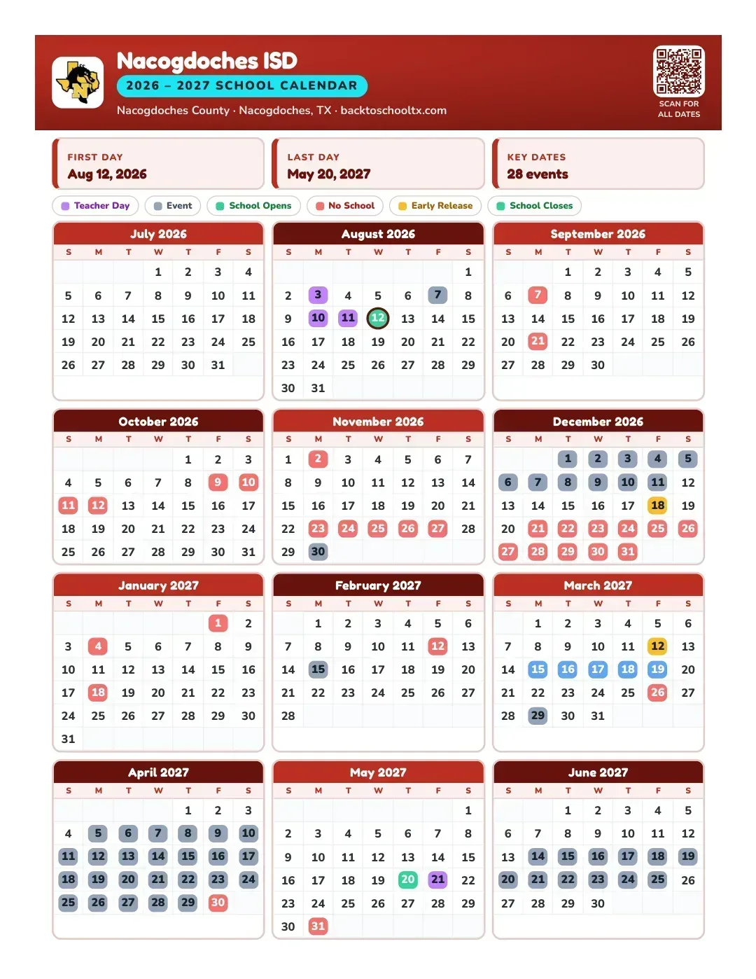 Nacogdoches ISD Calendar for the Year 26-27