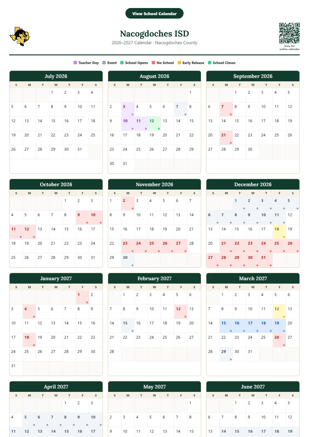 Nacogdoches ISD printable 2026–2027 calendar