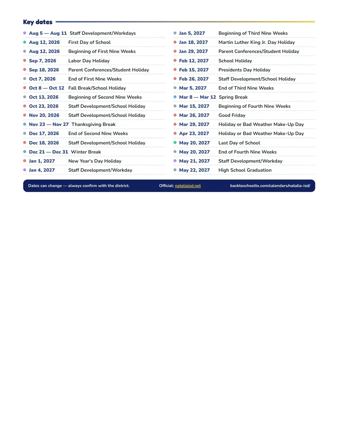 Natalia ISD Calendar for the Year 26-27 — key dates