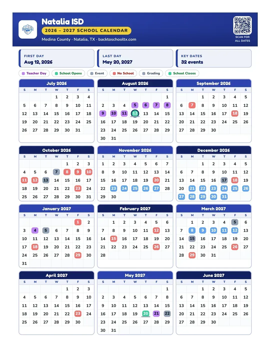 Natalia ISD Calendar for the Year 26-27