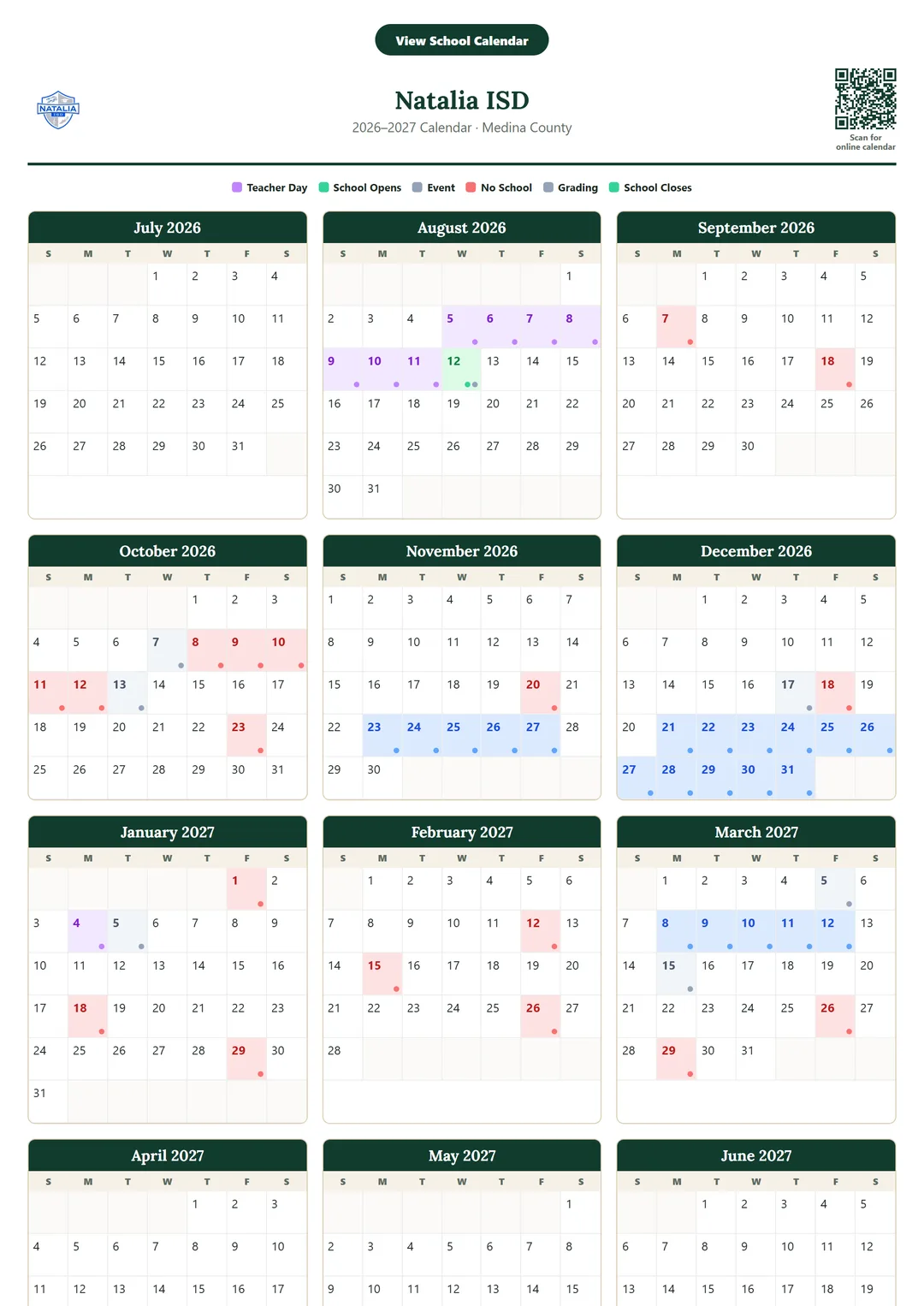 Natalia ISD printable 2026–2027 calendar