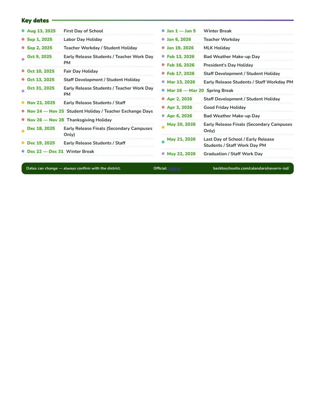 Navarro ISD Calendar for the Year 26-27 — key dates
