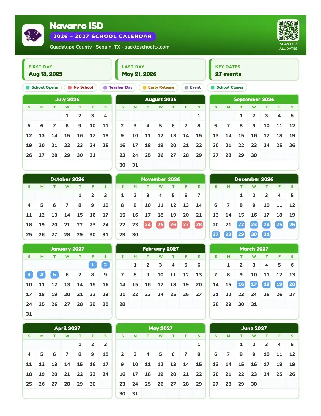 Navarro ISD Calendar for the Year 26-27