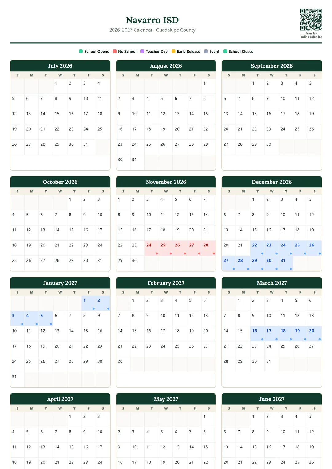 Navarro ISD printable 2026–2027 calendar
