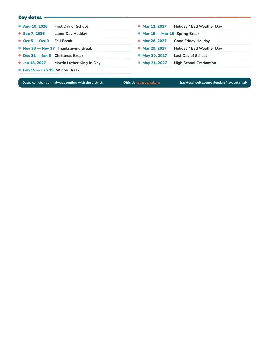 Navasota ISD Calendar for the Year 26-27 — key dates