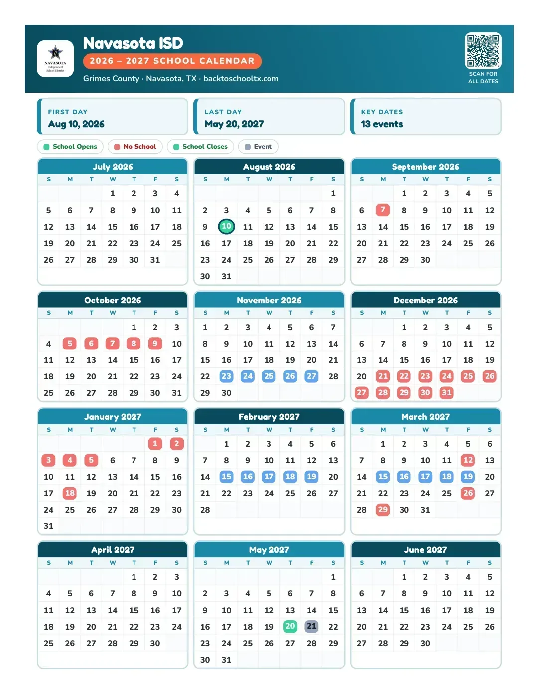Navasota ISD Calendar for the Year 26-27