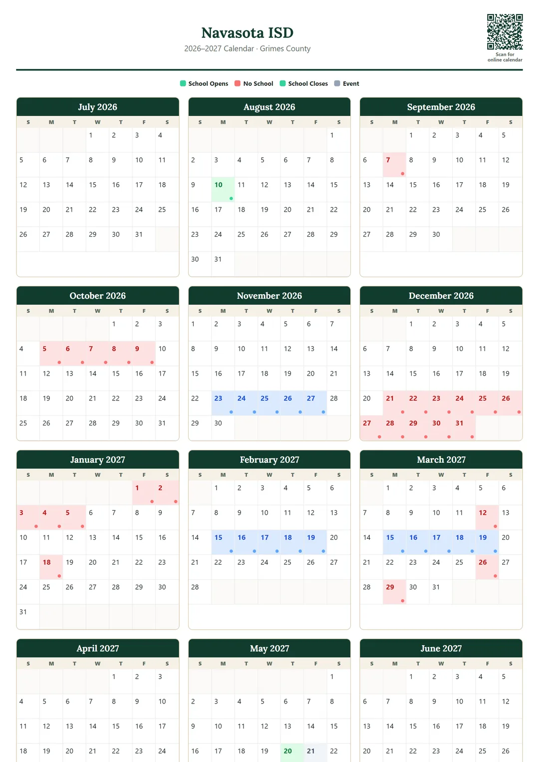 Navasota ISD printable 2026–2027 calendar