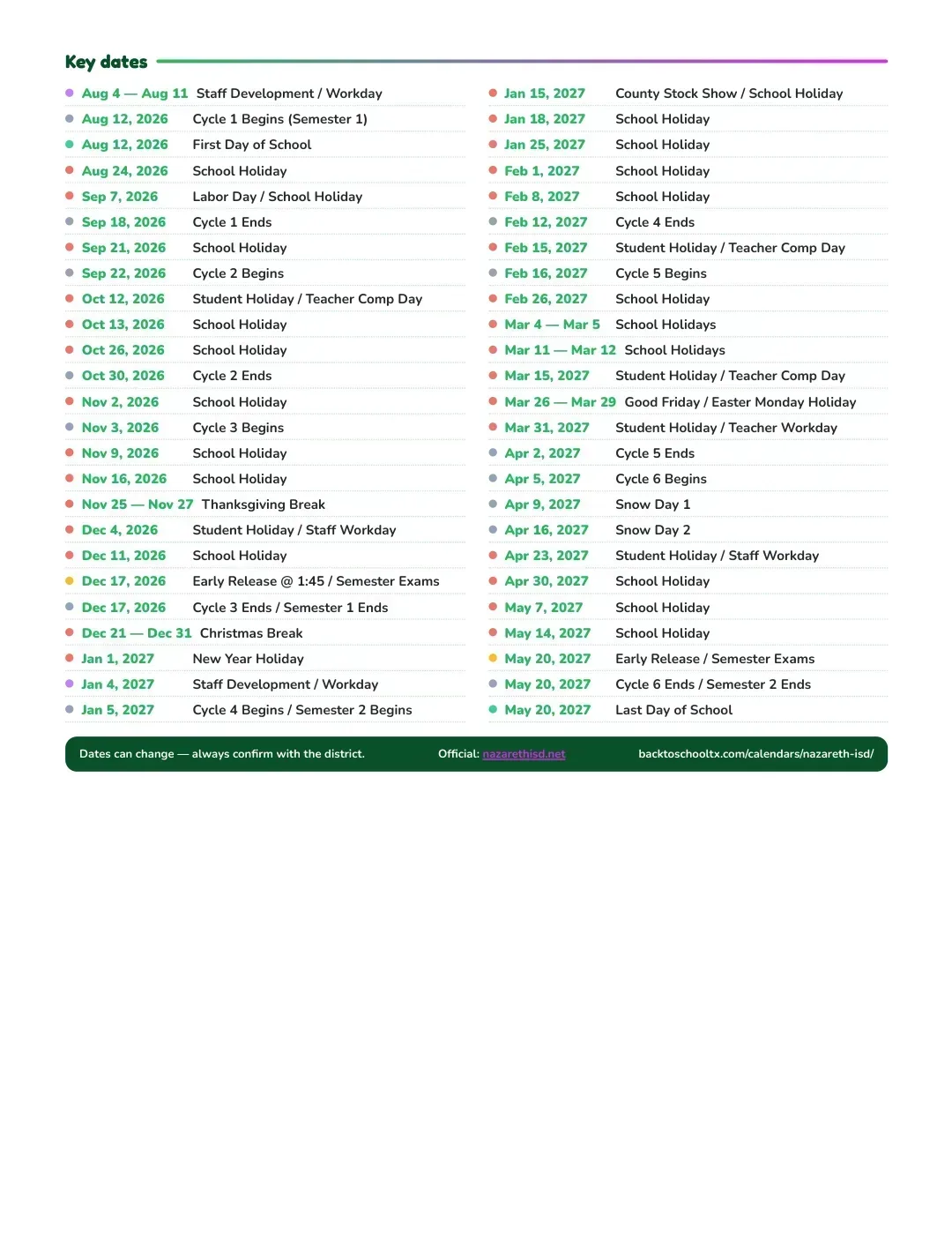 Nazareth ISD Calendar for the Year 26-27 — key dates