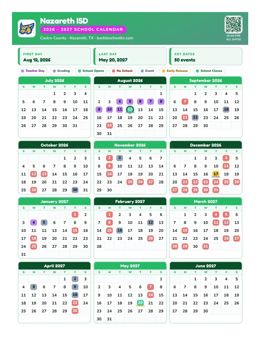 Nazareth ISD Calendar for the Year 26-27