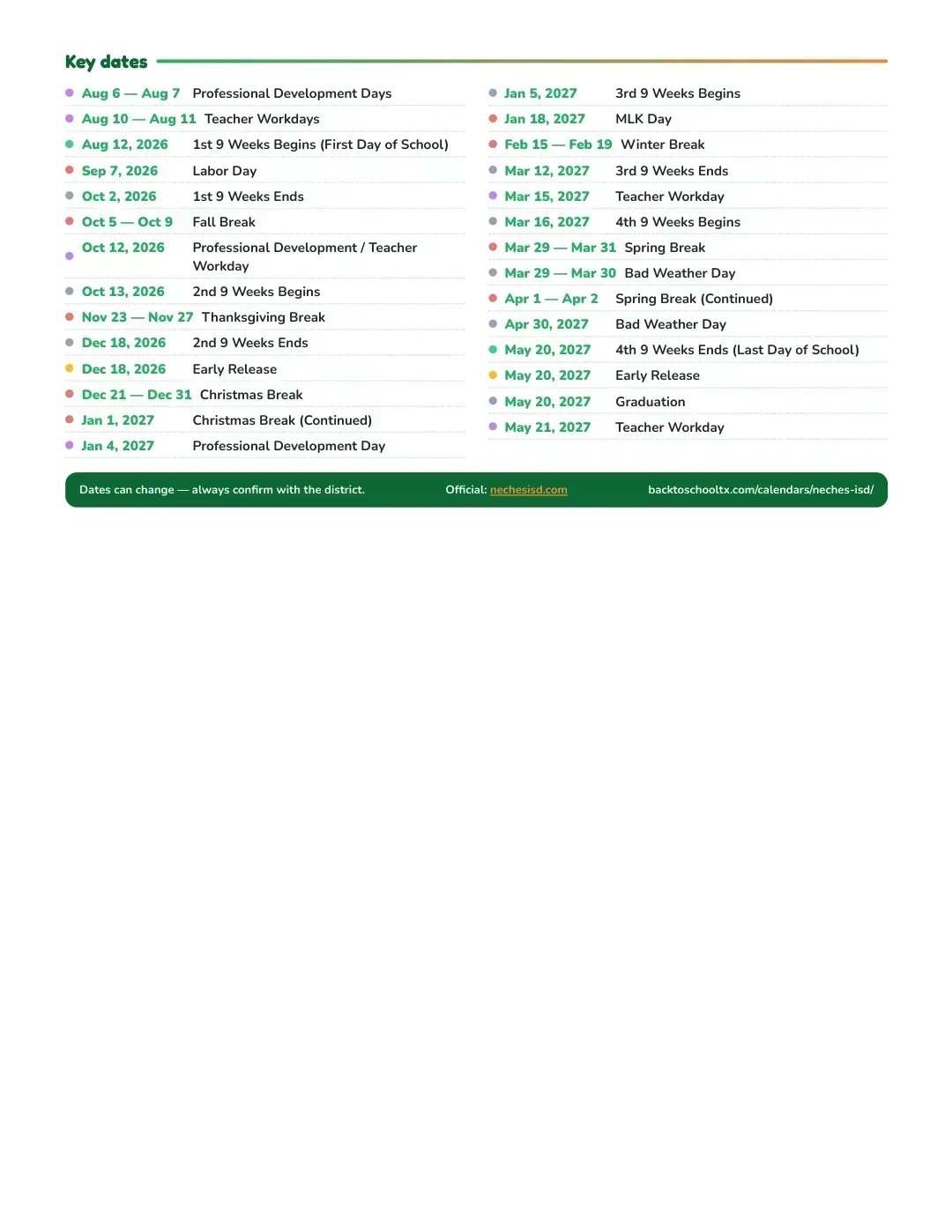 Neches ISD Calendar for the Year 26-27 — key dates