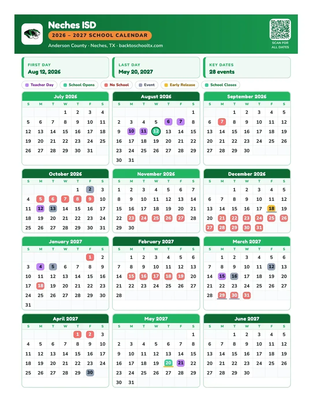 Neches ISD Calendar for the Year 26-27