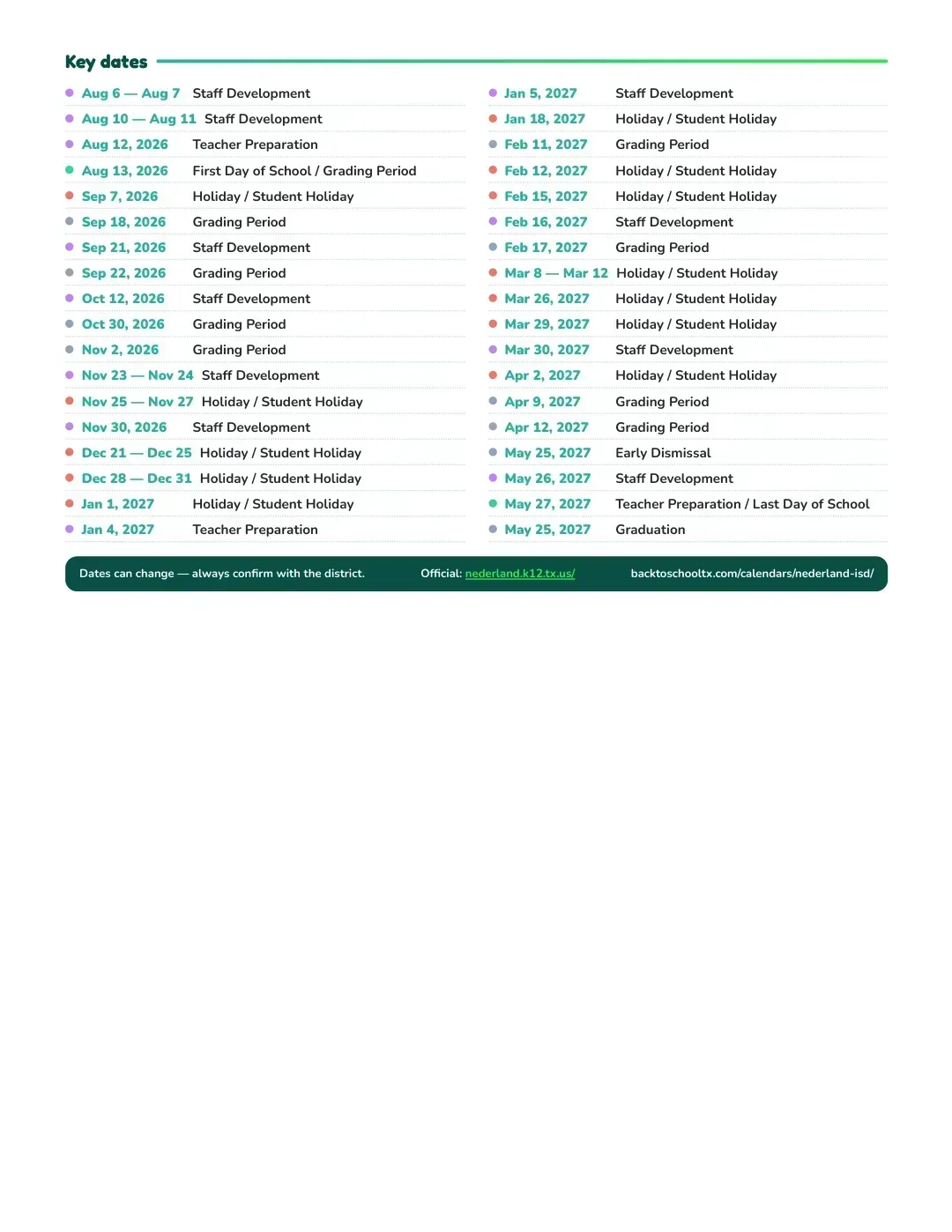 Nederland ISD Calendar for the Year 26-27 — key dates