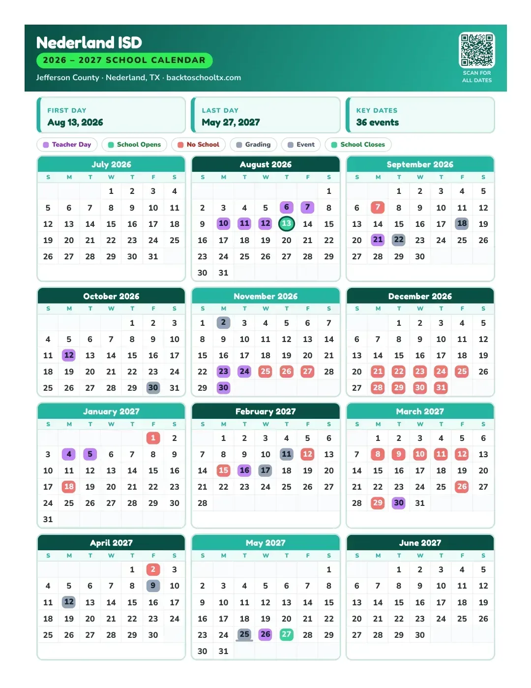 Nederland ISD Calendar for the Year 26-27