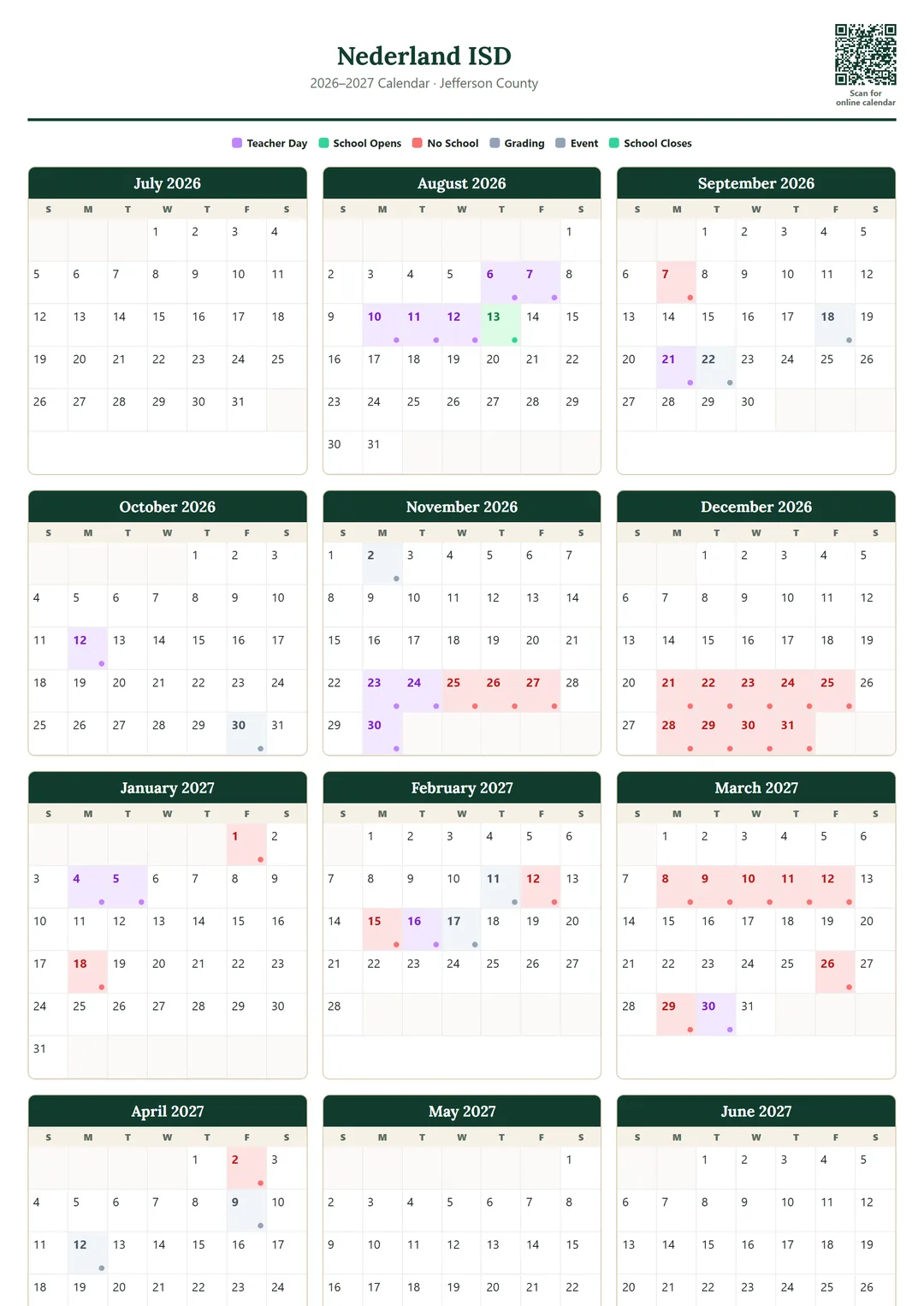 Nederland ISD printable 2026–2027 calendar
