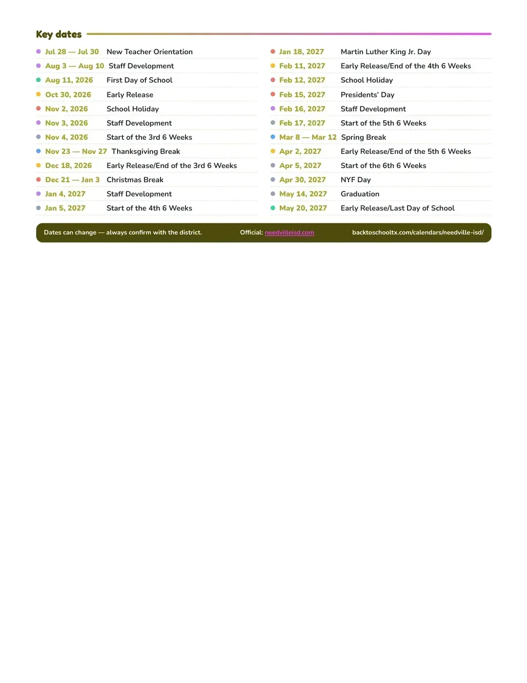 Needville ISD Calendar for the Year 26-27 — key dates