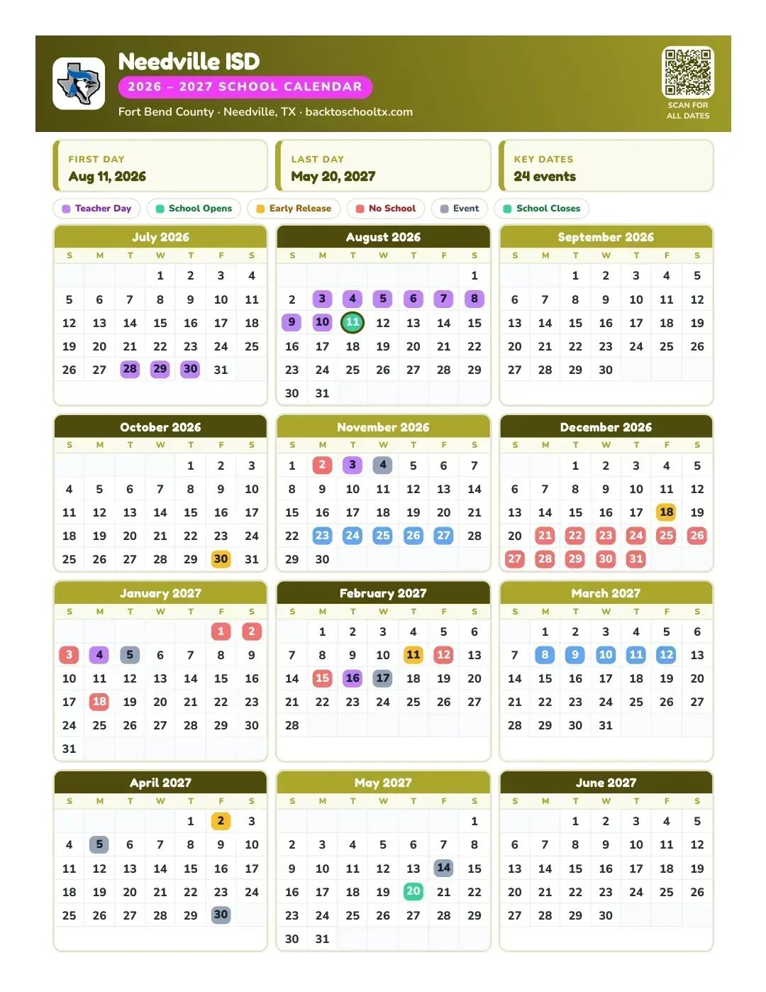 Needville ISD Calendar for the Year 26-27