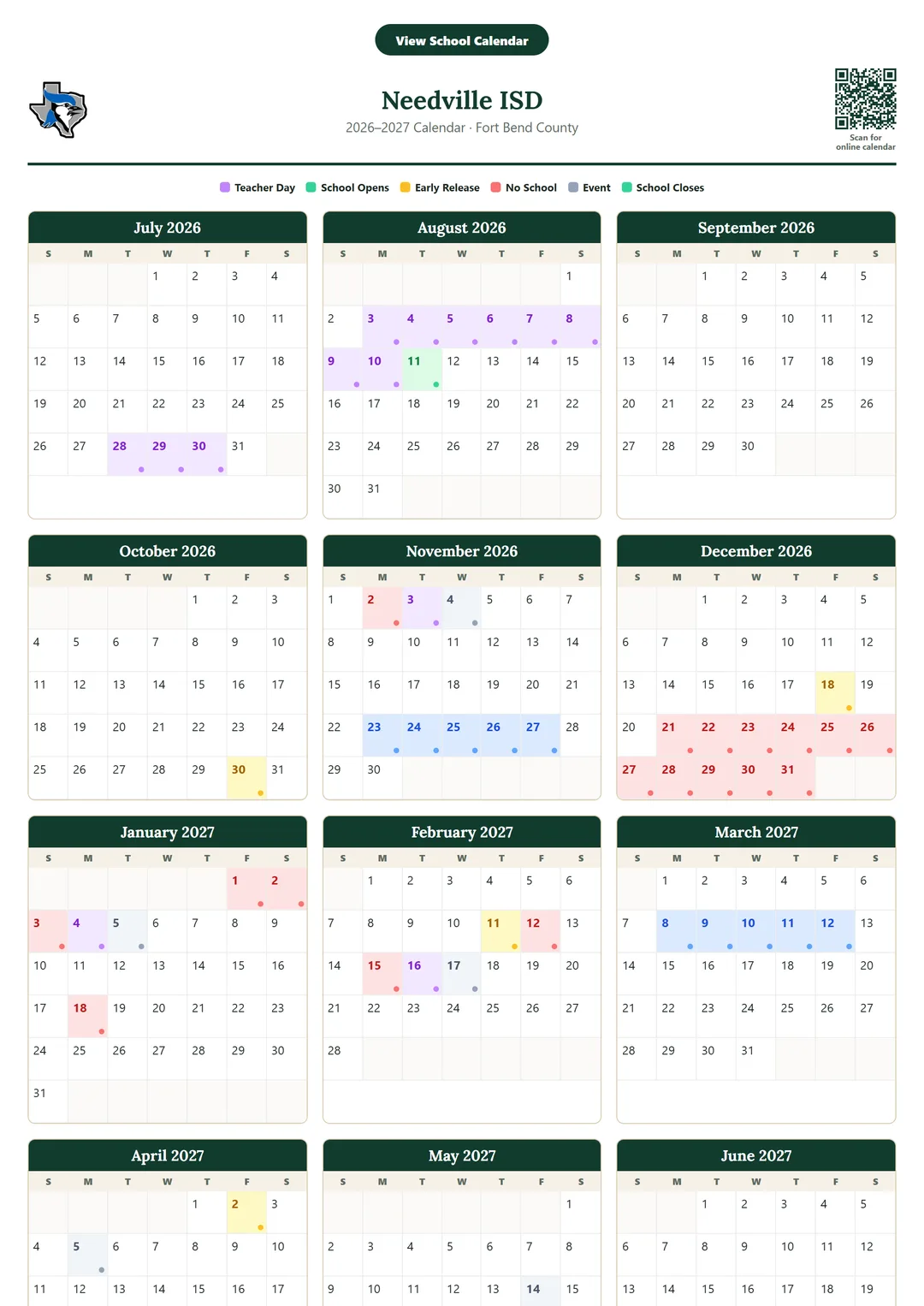 Needville ISD printable 2026–2027 calendar